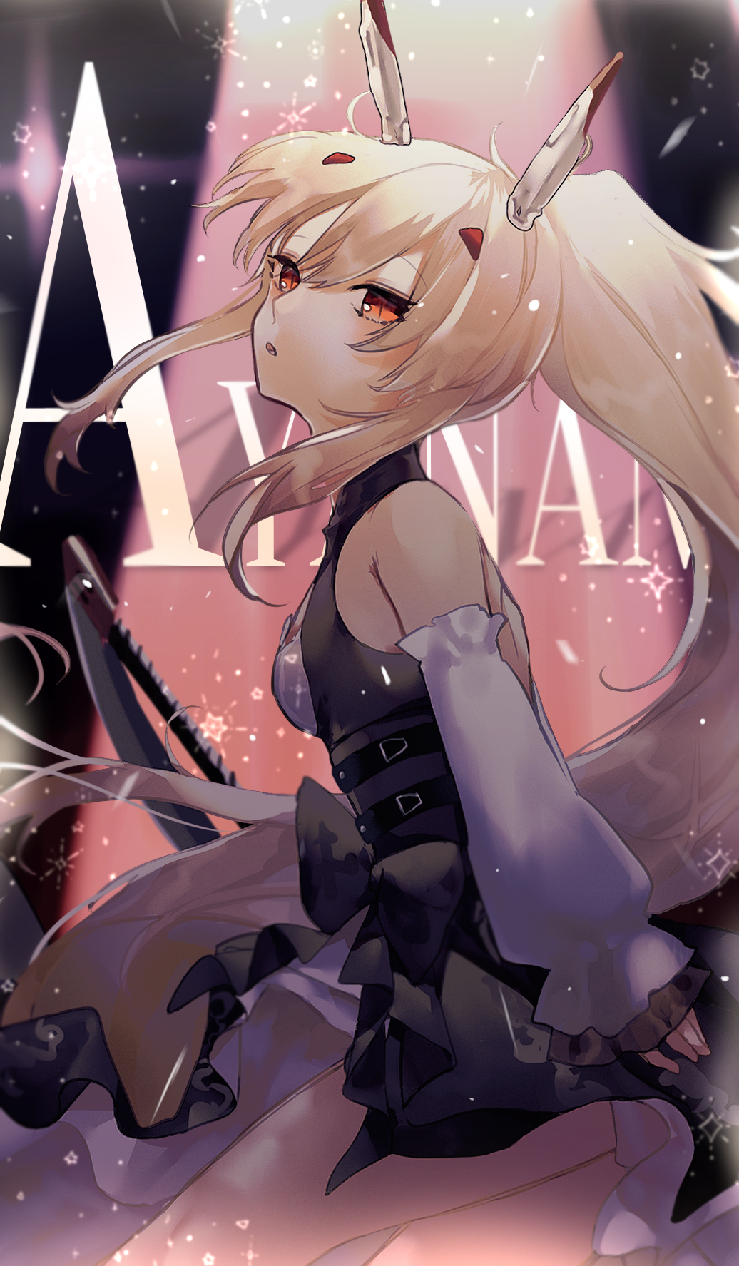 1girl, ariez, ayanami_(azur_lane), ayanami_(nightfall_raiment)_(azur_lane), azur_lane, belt, black_belt, brown_eyes, character_name, cowboy_shot, detached_sleeves, dress, from_side, headgear, highres, light_brown_hair, long_hair, looking_at_viewer, official_alternate_costume, ponytail, sidelocks, sleeves_past_wrists, slit_pupils, solo, very_long_hair, weapon