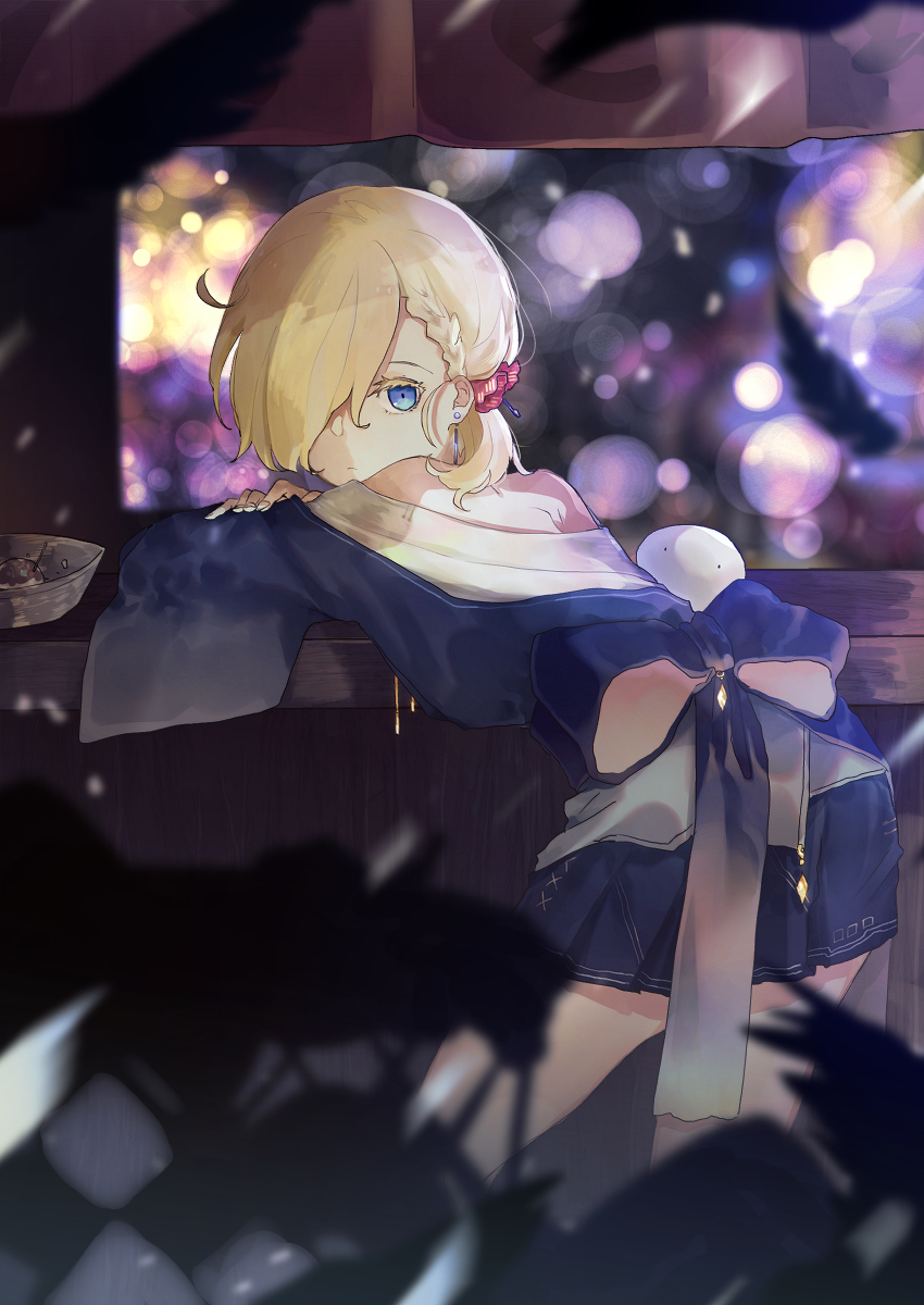 1girl, absurdres, ariez, bad_id, bad_pixiv_id, bent_over, blonde_hair, blue_bow