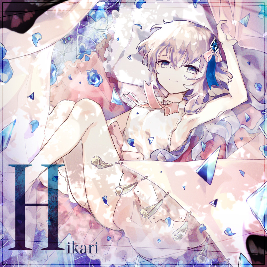 1girl, absurdres, arcaea, ariez, arm_up, bare_arms, bare_legs, character_name, closed_mouth, dress, grey_eyes, hair_between_eyes, hair_ornament, highres, hikari_(arcaea), hikari_(fantasia)_(arcaea), huge_filesize, long_hair, looking_at_viewer, lying, neck_ribbon, on_back, ribbon, silver_hair, sleeveless, sleeveless_dress, smile, solo, white_dress