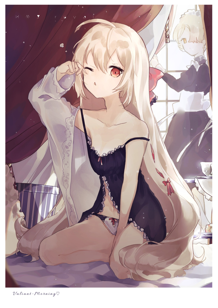 2girls, absurdres, ahoge, alternate_costume, ariez, azur_lane, between_legs, bow, bow_panties, brown_eyes, camisole, curtains, hair_between_eyes, hair_bow, hair_over_one_eye, hand_between_legs, heart, highres, light_brown_hair, long_hair, looking_at_viewer, maid, multiple_girls, navel, one_eye_closed, panties, red_bow, seiza, sheffield_(azur_lane), sitting, strap_slip, underwear, valiant_(azur_lane), very_long_hair