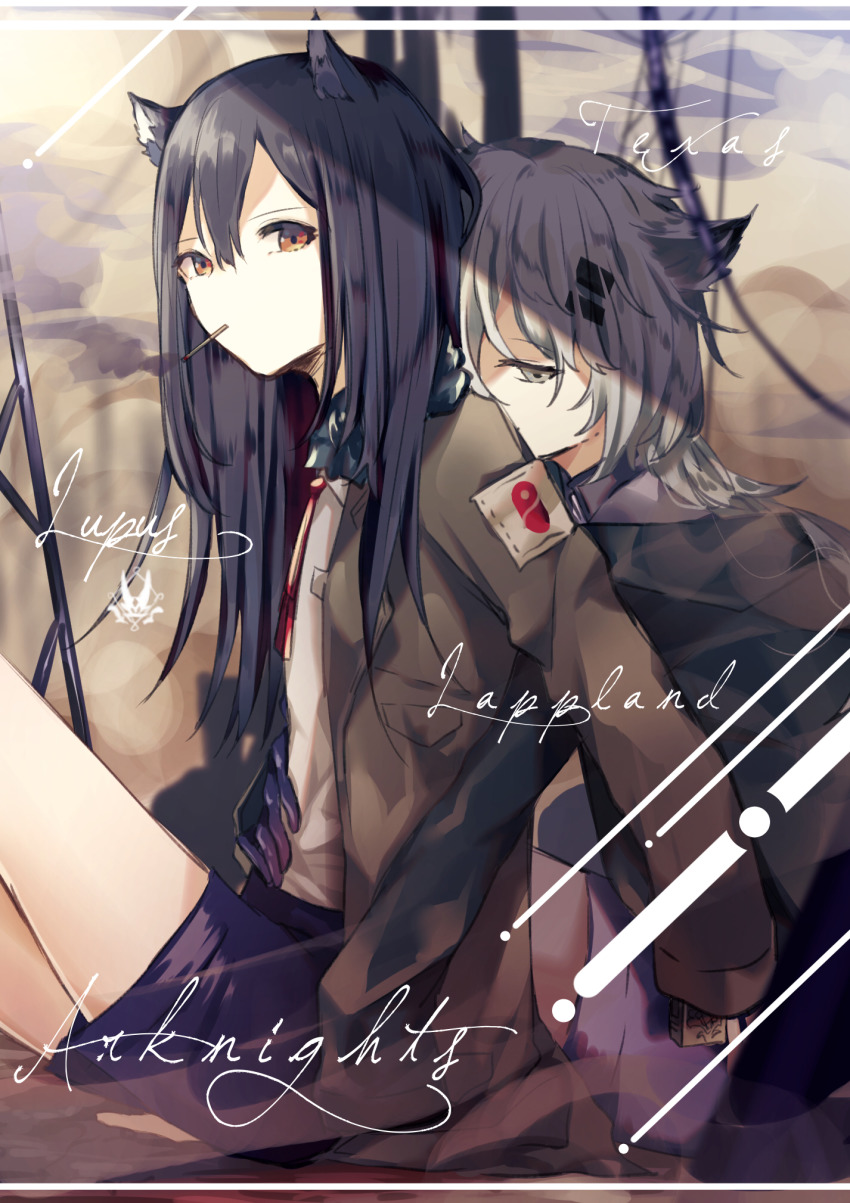2girls, alternate_costume, animal_ears, ariez, arknights, black_hair, brown_eyes, brown_jacket
