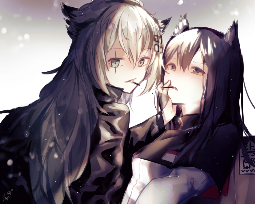 2girls, animal_ears, ariez, arknights, black_hair, brown_eyes, capelet, food, fox_ears, grey_eyes, hair_between_eyes, hand_on_another's_face, highres, lappland_(arknights), long_hair, looking_at_viewer, mouth_hold, multicolored_hair, multiple_girls, pocky, pocky_kiss, scar, scar_across_eye, scar_on_face, shared_food, signature, silver_hair, streaked_hair, texas_(arknights), yuri