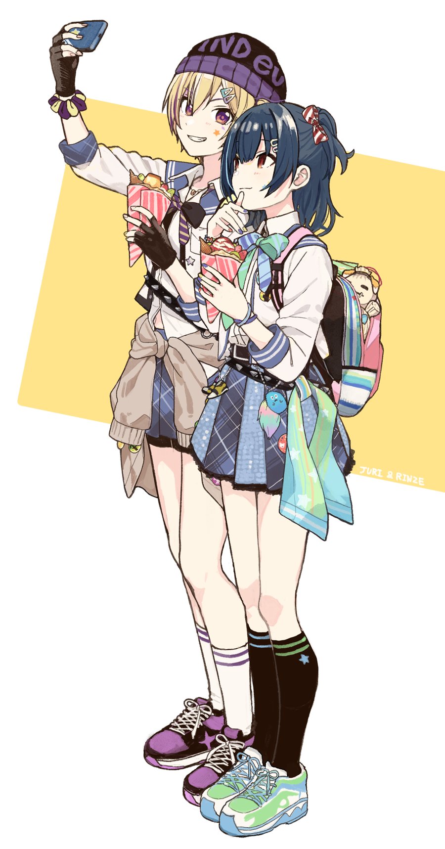 2girls, arm_up, asymmetrical_gloves, backpack, badge, bag, beanie, belt, belt_charm, black_gloves, blonde_hair, blue_footwear, blue_hair, blue_nails, blue_neckwear, blue_sailor_collar, blue_skirt, bow, bowtie, bracelet, brown_bow, brown_eyes, brown_neckwear, button_badge, cardigan, cardigan_around_waist, cellphone, character_name, charm_(object), closed_mouth, clothes_around_waist, clothes_writing, collared_shirt, crepe, diagonal-striped_neckwear, doll, facial_mark, finger_to_mouth, fingerless_gloves, fingernails, food, full_body, gloves, green_footwear, green_neckwear, grin, hair_between_eyes, hair_bow, hair_ornament, hairclip, hand_up, hands_up, hat, highres, holding, holding_crepe, holding_food, holding_phone, idolmaster, idolmaster_shiny_colors, jacket, jewelry, kneehighs, light_blush, long_sleeves, looking_at_object, looking_at_phone, looking_at_viewer, medium_hair, midriff_peek, miniskirt, miyama_okara, morino_rinze, multicolored_hair, multicolored_nails, multiple_girls, nail_polish, one_side_up, open_bag, phone, plaid_clothes, plaid_skirt, print_legwear, purple_footwear, purple_headwear, rectangle, red_bow, red_nails, saijo_juri, sailor_collar, school_uniform, selfie, shirt, shirt_tucked_in, shoes, short_hair, skirt, sleeves_past_wrists, smartphone, smile, sneakers, socks, standing, star_(symbol), star_print, straw_doll, streaked_hair, striped_bow, striped_bowtie, striped_clothes, striped_legwear, striped_neckwear, striped_socks, taking_picture, two-tone_footwear, two-tone_neckwear, uneven_gloves, white_background, white_jacket, white_shirt, white_socks, yellow_nails