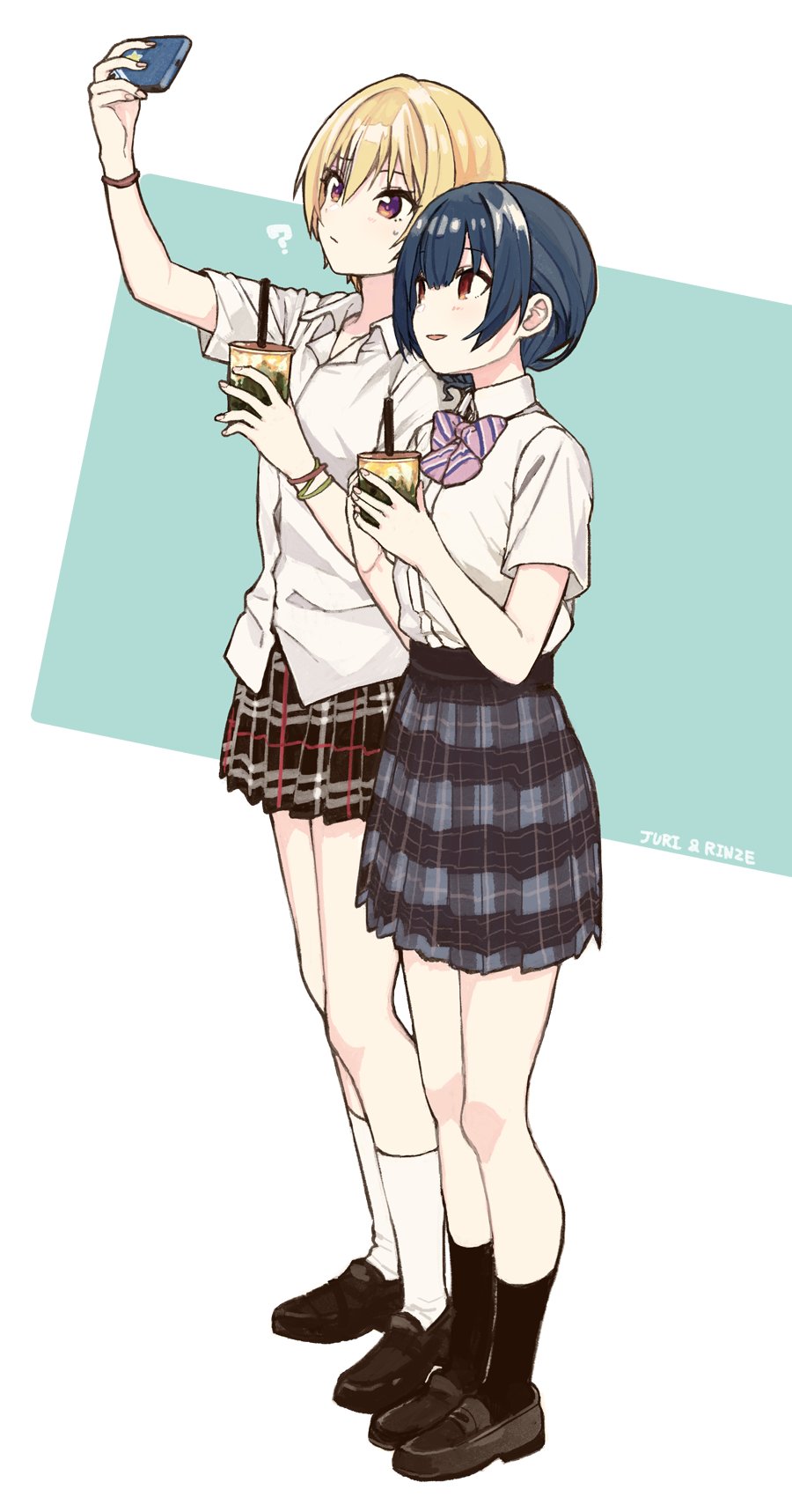 2girls, ?, arm_up, black_skirt, black_socks, blonde_hair, blue_hair, blue_skirt, bow, bowtie, bracelet, brown_eyes, brown_footwear, bubble_tea, cellphone, character_name, closed_mouth, collared_shirt, commentary_request, cup, diagonal-striped_bow, diagonal-striped_bowtie, diagonal-striped_clothes, diagonal-striped_neckwear, disposable_cup, dress_shirt, drinking_straw, fingernails, full_body, hair_between_eyes, hand_up, hands_up, highres, holding, holding_cup, holding_phone, idolmaster, idolmaster_shiny_colors, jewelry, kneehighs, light_blush, loafers, looking_at_phone, miniskirt, miyama_okara, morino_rinze, multiple_girls, parted_lips, phone, pink_bow, pink_neckwear, plaid_clothes, plaid_skirt, rectangle, saijo_juri, school_uniform, selfie, shirt, shirt_tucked_in, shoes, short_hair, short_sleeves, skirt, smartphone, socks, standing, striped_bow, striped_bowtie, striped_clothes, striped_neckwear, taking_picture, white_background, white_shirt, white_socks