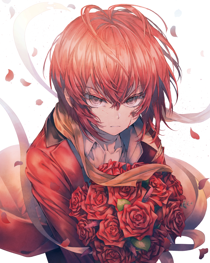 1boy, absurdres, antenna_hair, blood, blood_on_face, bouquet, coat, flower