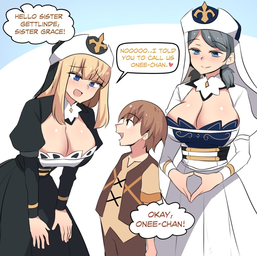 1boy, 2girls, :d, absurdres, age_difference, black_dress, blonde_hair, blue_eyes, breasts, brown_hair, child, cleavage, dress, english_text, genshin_impact, gettlinde_(genshin_impact), grace_(genshin_impact), grey_hair, habit, heart, height_difference, highres, hinghoi, juliet_sleeves, large_breasts, long_hair, long_sleeves, looking_at_another, multiple_girls, nun, nun_headdress, onee-shota, open_mouth, puffy_sleeves, shirt, short_hair, short_sleeves, shota, shrug_(clothing), sidelocks, smile, speech_bubble, standing, timmie_(genshin_impact), vest, white_dress