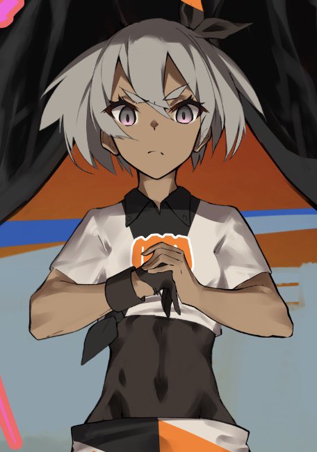 1girl, bea_(pokemon), black_bodysuit, bodysuit, bodysuit_under_clothes, closed_mouth, collared_shirt, commentary_request