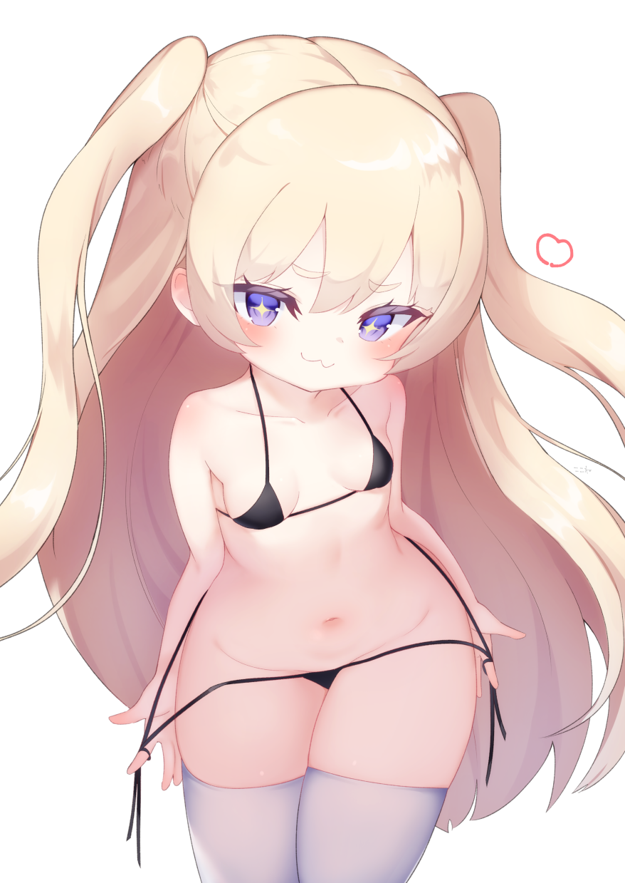 +_+, 1girl, :3, azur_lane, bache_(azur_lane), bare_arms, bikini, bikini_pull, black_bikini, blonde_hair, blush, breasts, closed_mouth, clothes_pull, cowboy_shot, highres, kokone_(coconeeeco), long_hair, looking_at_viewer, navel, purple_eyes, simple_background, small_breasts, solo, swimsuit, thighhighs, two_side_up, very_long_hair, white_background, white_thighhighs
