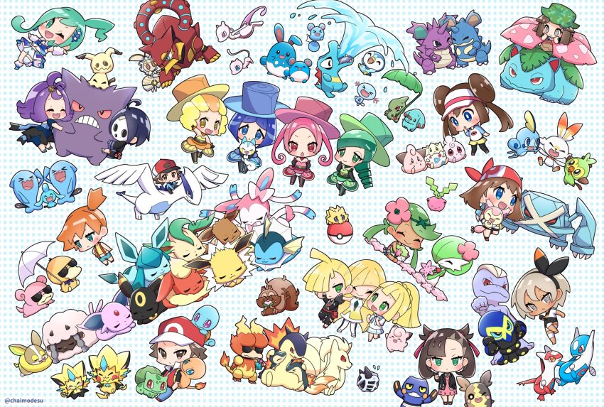 4boys, 6+girls, :d, ;d, acerola_(pokemon), ahoge, allister_(pokemon), arm_up, asymmetrical_bangs, azumarill, azurill, baseball_cap, battle_chatelaine, bea_(pokemon), berry_(pokemon), black_hair, black_jacket, blush, bow_hairband, brown_hair, bulbasaur, chaimo_box, charmander, clefairy, cleffa, closed_eyes, closed_mouth, commentary_request, croagunk, cup, cyndaquil, dana_(pokemon), double_bun, dress, drinking, drinking_glass, eating, eevee, espeon, evelyn_(pokemon), eyelashes, fire, flame-tipped_tail, flareon, food, fruit, gardevoir, gen_1_pokemon, gen_2_pokemon, gen_3_pokemon, gen_4_pokemon, gen_5_pokemon, gen_6_pokemon, gen_7_pokemon, gen_8_pokemon, gengar, glaceon, gladion_(pokemon), glalie, grapploct, greedent, green_eyes, green_hair, grookey, hair_bun, hair_over_one_eye, hairband, hand_up, hat, highres, hilbert_(pokemon), holding, holding_pokemon, holding_umbrella, hoppip, igglybuff, jacket, jolteon, joltik, knee_pads, larvitar, latias, latios, leaf_(pokemon), leaf_(sygna_suit)_(pokemon), leafeon, legendary_pokemon, lillie_(pokemon), lisia_(pokemon), lugia, lusamine_(pokemon), machop, magearna, magmar, mallow_(pokemon), marill, marnie_(pokemon), mask, may_(pokemon), metagross, mew_(pokemon), mewtwo, mimikyu, misty_(pokemon), morgan_(pokemon), morpeko, morpeko_(full), multiple_boys, multiple_girls, mythical_pokemon, nidoking, nidoqueen, ninetales, nintendo, nita_(pokemon), one_eye_closed, open_mouth, orange_hair, pants, pantyhose, phanpy, pichu, pikachu, pink_dress, piplup, pokemon, pokemon_(anime), pokemon_(classic_anime), pokemon_(creature), pokemon_black_2_and_white_2, pokemon_firered_and_leafgreen, pokemon_masters_ex, pokemon_omega_ruby_and_alpha_sapphire, pokemon_ruby/sapphire/emerald, pokemon_sun_and_moon, pokemon_sword_and_shield, pokemon_x_and_y, psyduck, red_(pokemon), riding, riding_pokemon, rosa_(pokemon), scorbunny, shaymin, shaymin_(land), short_hair, shorts, side_ponytail, skitty, slowpoke, smile, sobble, squirtle, suspenders, sweatdrop, sylveon, tail, thighhighs, togepi, top_hat, totodile, twintails, typhlosion, umbrella, umbreon, vaporeon, venusaur, visor_cap, volcanion, wobbuffet, wooloo, wooper, wynaut, yamper, zeraora