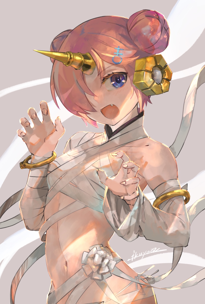 1girl, absurdres, bandaged_leg, bandages, blue_eyes, blush, detached_sleeves, double_bun