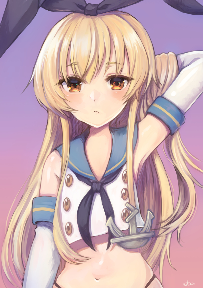 1girl, anchor_hair_ornament, arm_up, black_neckerchief, blue_sailor_collar, blush, brown_eyes, closed_mouth