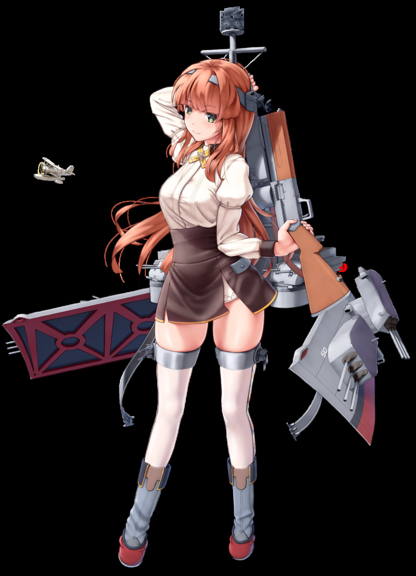 1girl, adapted_turret, aircraft, airplane, arm_behind_head, armor, biplane, blunt_bangs