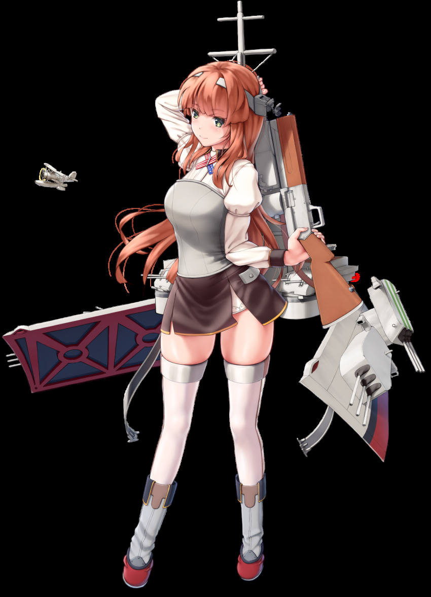 1girl, adapted_turret, aircraft, airplane, american_flag, american_flag_neckwear, american_flag_print, arm_behind_head, armor, biplane, blunt_bangs, breastplate, breasts, brown_hair, brown_skirt, browning_auto_5, cannon, curtiss_soc_seagull, etsunami_kumita, flag_print, full_body, green_eyes, gun, headgear, helena_(kancolle), highres, kantai_collection, long_hair, long_sleeves, medium_breasts, neck_ribbon, ribbon, rifle, rigging, ship_turret, shirt, simple_background, skirt, solo, standing, thighhighs, transparent_background, weapon, white_background, white_shirt, white_thighhighs