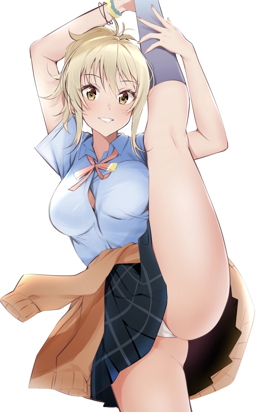 1girl, :d, absurdres, antenna_hair, arms_up, black_skirt, blonde_hair, blue_shirt