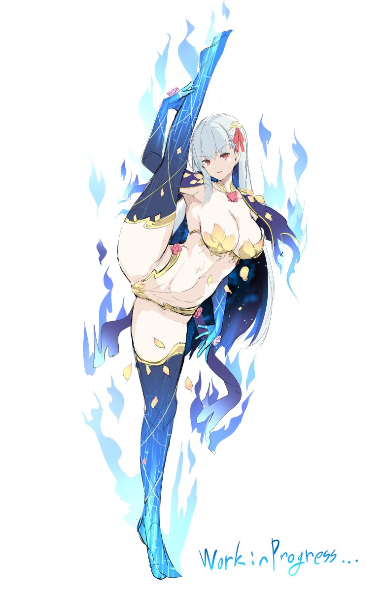 1girl, armlet, armor, bikini_armor, blue_fire, blush, breasts, cleavage