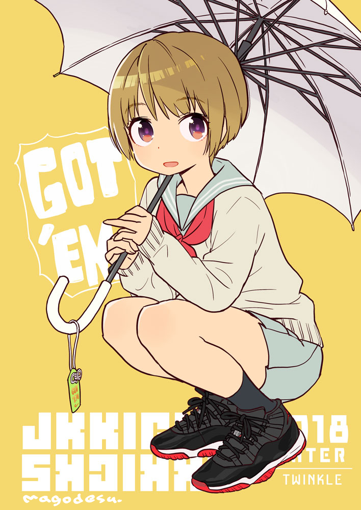 1girl, air_jordan, air_jordan_11, beige_shirt, black_shoes, black_socks, blue_skirt, brown_hair