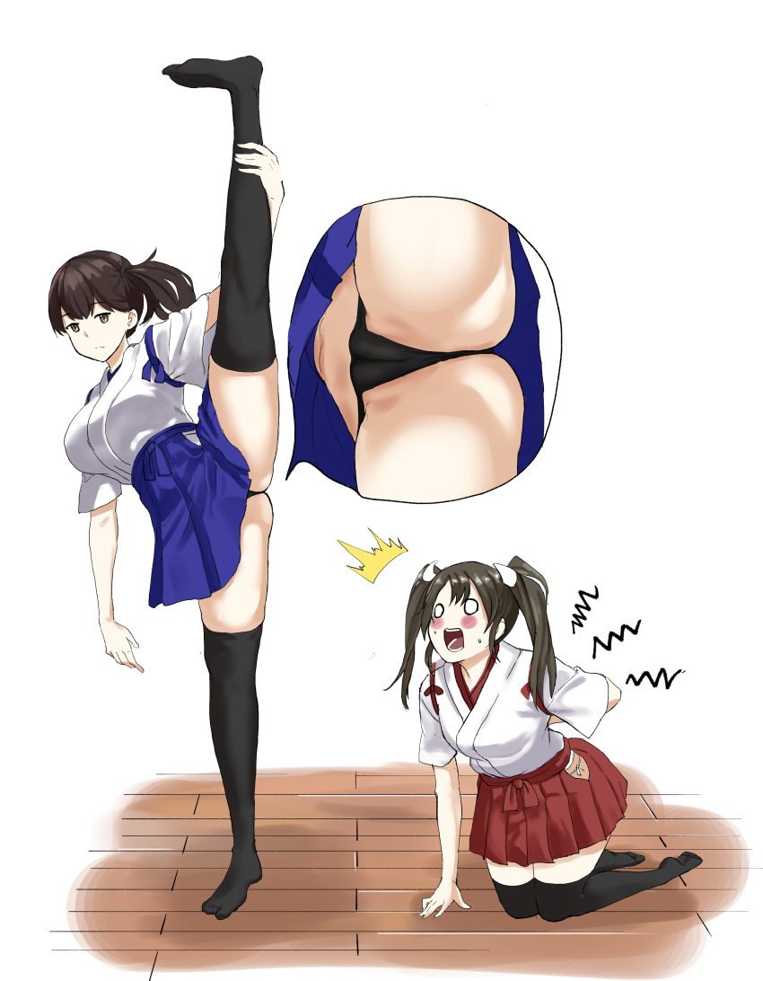 2girls, absurdres, blush, brown_hair, cameltoe, flexible, hair_ribbon, hakama