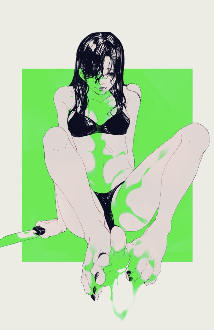 1girl, bakushi_(kaeritai0609), bare_arms, bare_legs, bare_shoulders, black_bra, black_eyes, black_nails