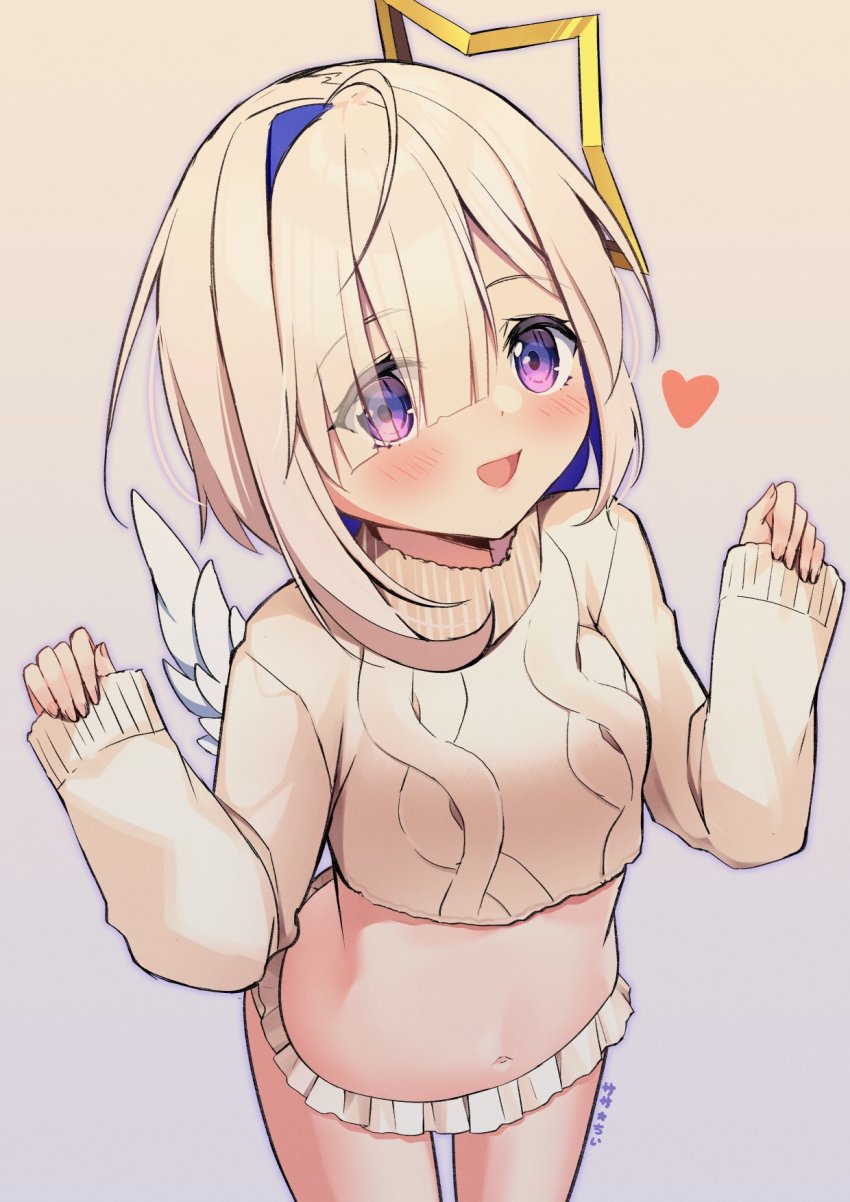 1girl, :d, ahoge, amane_kanata, angel_wings, aran_sweater, blue_hair, bob_cut