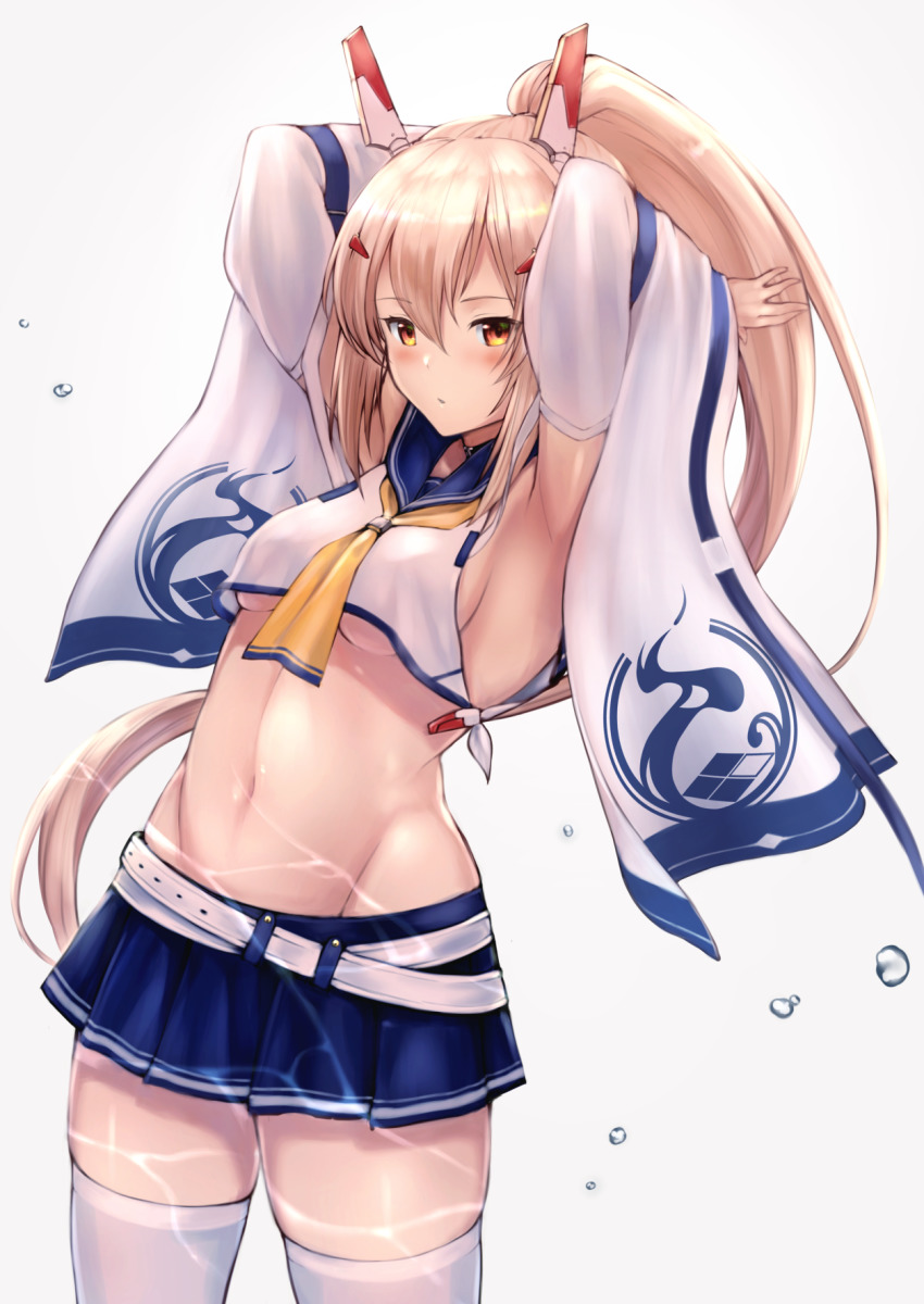 1girl, arm_garter, armpits, arms_up, ayanami_(azur_lane), ayanami_(retrofit)_(azur_lane), azur_lane, belt