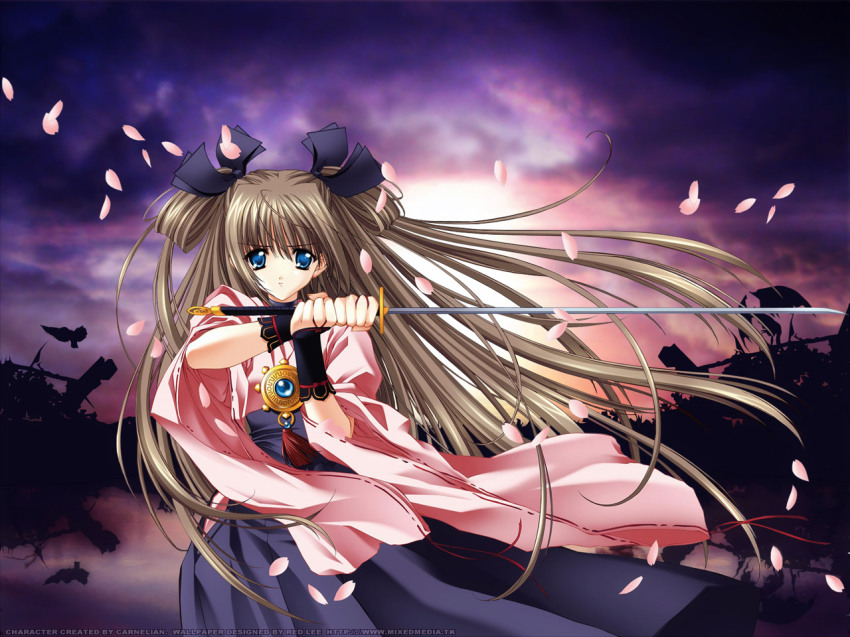 blue_eyes, brown_hair, carnelian, japanese_clothes, long_hair, push!!, solo, sword