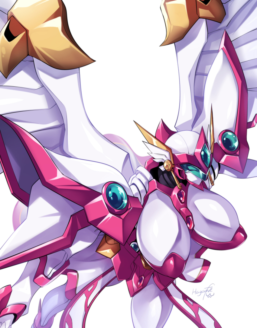 absurdres, angelg, artist_name, breasts, from_above, haganef, highres, huge_breasts, looking_ahead, mecha, mechanical_wings, no_humans, robot, solo, super_robot_wars, super_robot_wars_original_generation, visor, white_background, wings