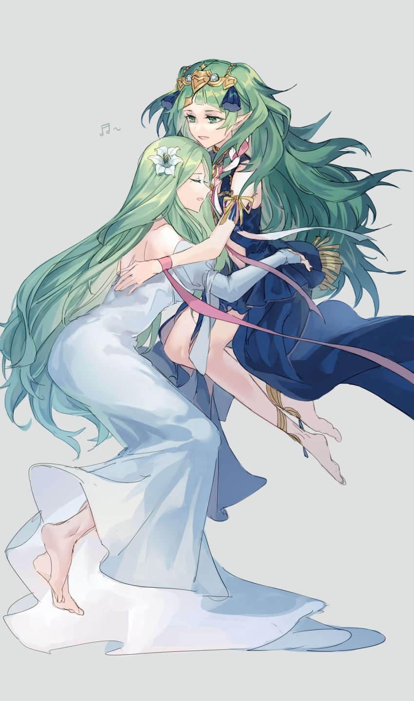 2girls, bare_shoulders, barefoot, braid, closed_eyes, dress, fire_emblem, fire_emblem:_three_houses, flower, from_side, green_eyes, green_hair, hair_flower, hair_ornament, hair_ribbon, highres, hug, jnsghsi, long_hair, long_sleeves, mother_and_child, mother_and_daughter, multiple_girls, nintendo, off-shoulder_dress, off_shoulder, parent_and_child, parted_lips, pointy_ears, rhea_(fire_emblem), ribbon, ribbon_braid, simple_background, sothis_(fire_emblem), twin_braids, very_long_hair, white_dress