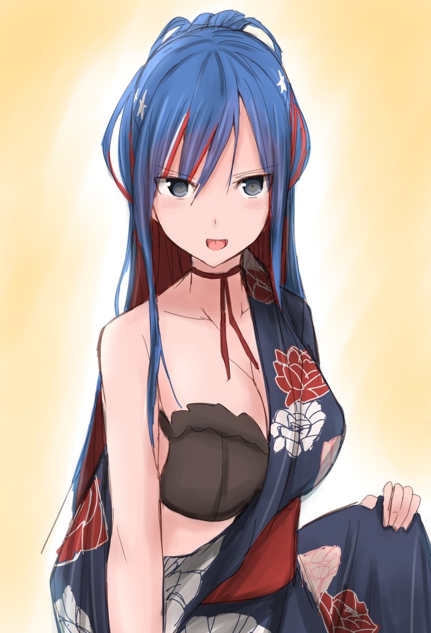 1girl, black_bra, blue_hair, blue_kimono, bra, breasts, cleavage, collarbone, commentary_request, commission, floral_print, highres, japanese_clothes, kamaboko_senshi, kantai_collection, kimono, large_breasts, long_hair, looking_at_viewer, multicolored_hair, off_shoulder, ponytail, red_hair, solo, south_dakota_(kancolle), south_dakota_(yukata)_(kancolle), star_(symbol), underwear, upper_body, white_hair, yukata