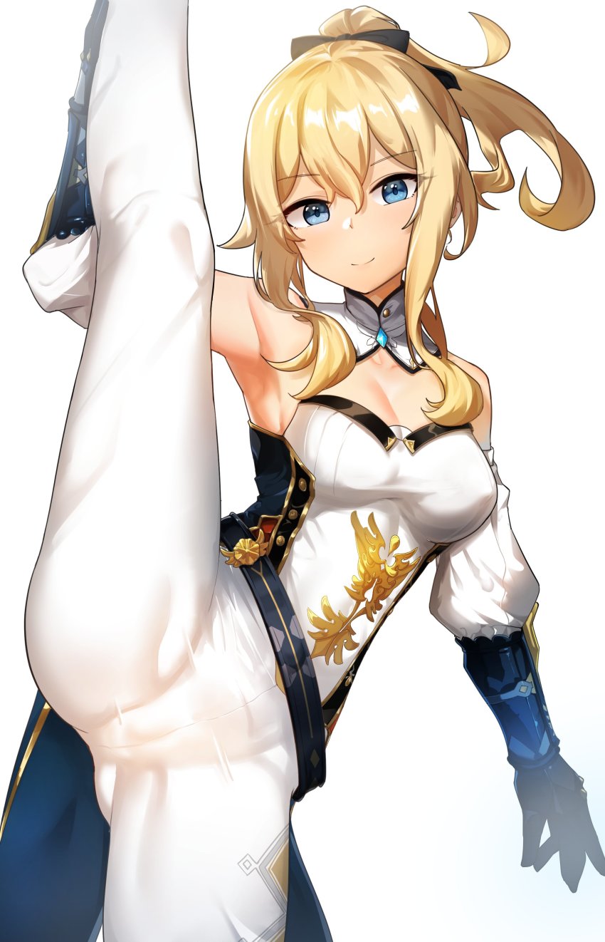 1girl, absurdres, armpits, blonde_hair, blue_eyes, blush, breasts, cameltoe, cleavage, detached_sleeves, dress, genshin_impact, gloves, hair_between_eyes, highres, jean_(genshin_impact), long_hair, looking_at_viewer, medium_breasts, pants, ponytail, simple_background, smile, solo, split, standing, standing_on_one_leg, standing_split, white_background, white_pants, wweed
