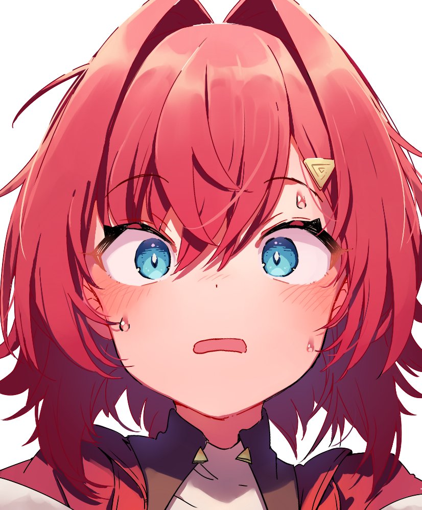 1girl, ange_katrina, ange_katrina_(1st_costume), blue_eyes, blush, closed_mouth, commentary, hair_between_eyes, hair_ornament, hairclip, looking_at_viewer, nijisanji, portrait, red_hair, short_hair, simple_background, solo, sukuna136, sweatdrop, virtual_youtuber, white_background