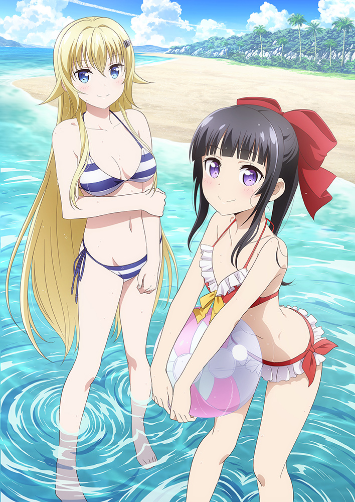 2girls, ball, beach, beachball, bikini, black_hair, blonde_hair, blue_eyes