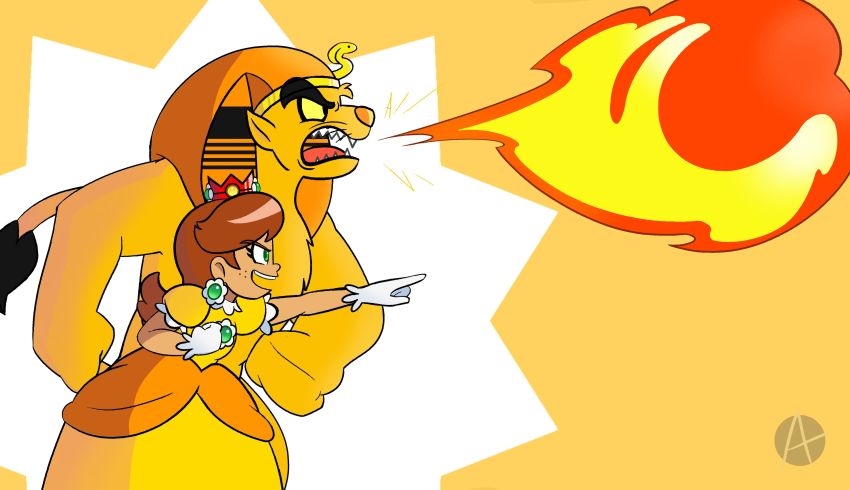 1girl, absurdres, attack, brown_hair, crown, dress, earrings, evil_grin, evil_smile, fire, flower_earrings, gloves, grin, highres, jewelry, king_totomesu, kinngutotomesu, mario_(series), monster, nintendo, orange_dress, princess_daisy, puffy_short_sleeves, puffy_sleeves, short_sleeves, smile, super_mario_land, tail