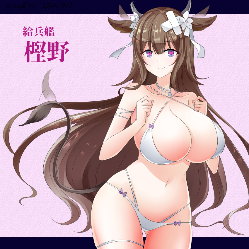 1girl, absurdres, animal_ears, animal_print, azur_lane, bandaid, bandaid_on_head, bikini, breasts, brown_hair, character_name, collarbone, cow_ears, cow_girl, cow_horns, cow_tail, dated, ear_wiggle, flower, hair_flower, hair_ornament, heart, heart-shaped_pupils, hebitsukai-san, highres, horns, huge_breasts, kashino_(azur_lane), kashino_(hot_springs_relaxation)_(azur_lane), long_hair, looking_at_viewer, multi-strapped_bikini_bottom, navel, purple_eyes, smile, solo, swimsuit, symbol-shaped_pupils, tail, tail_wagging, twitter_username, white_bikini