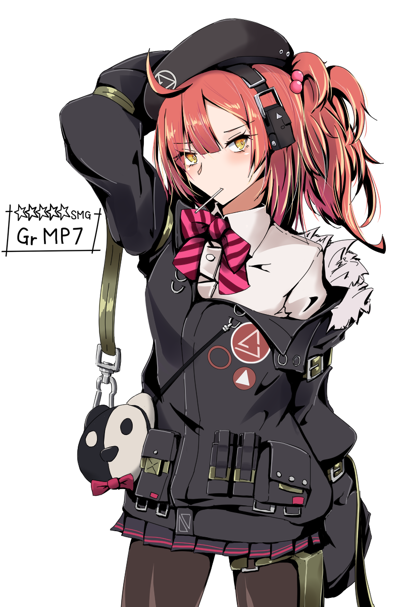 1girl, beret, candy, ewig_ul, food, fur-trimmed_hood, fur_trim, girls'_frontline, hat, headphones, highres, hood, lollipop, medium_hair, mp7_(girls'_frontline), pantyhose, pleated_skirt, red_hair, skirt, solo, yellow_eyes