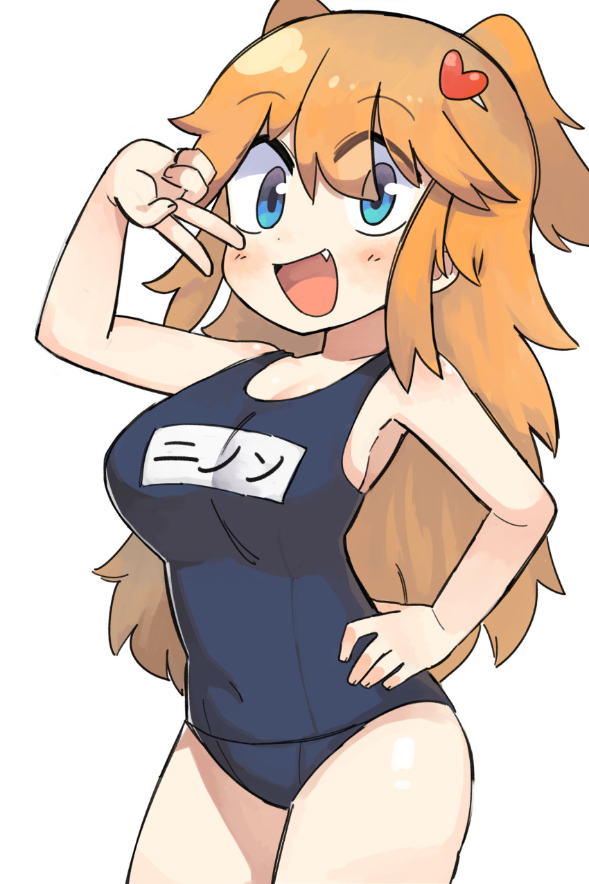 1girl, :d, absurdres, blue_one-piece_swimsuit, breasts, cleavage, covered_navel, cowboy_shot, eyes_visible_through_hair, fang, hair_between_eyes, hair_ornament, hand_on_own_hip, heart, heart_hair_ornament, highres, lakilolom, large_breasts, legs_together, name_tag, ninon_(princess_connect!), one-piece_swimsuit, open_mouth, princess_connect!, school_swimsuit, simple_background, smile, solo, swimsuit, two_side_up, v, white_background