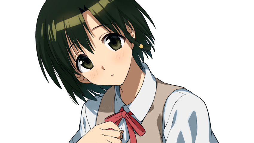 1girl, asada_hachi, blush, brown_vest, collared_shirt, commentary, green_eyes, green_hair