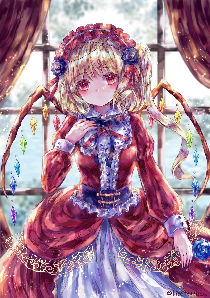 1girl, absurdres, alternate_costume, arm_up, blonde_hair, blue_flower, blue_rose, blush