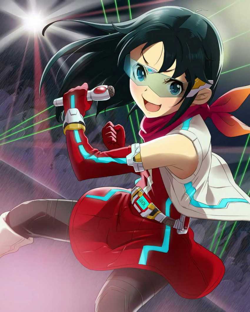 1girl, aqua_eyes, bare_shoulders, belt, blue-tinted_eyewear, boots, bracelet, child, crowd, elbow_gloves, female_focus, flat_chest, gloves, green_hair, happy, headband, highres, idolmaster, idolmaster_cinderella_girls, jewelry, laser, leggings, legs, lights, long_hair, microphone, nanjo_hikaru, official_art, open_mouth, red_gloves, scarf, skirt, stage, standing, superhero_costume, tinted_eyewear, tokusatsu, tokusatsu_hero, visor, white_footwear