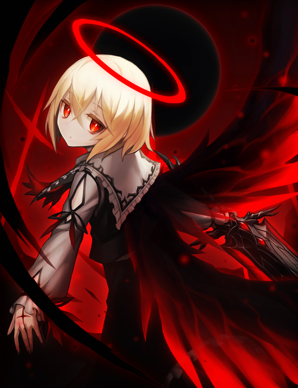 1girl, adapted_costume, ascot, black_vest, blonde_hair, bright_pupils, closed_mouth, clothing_cutout
