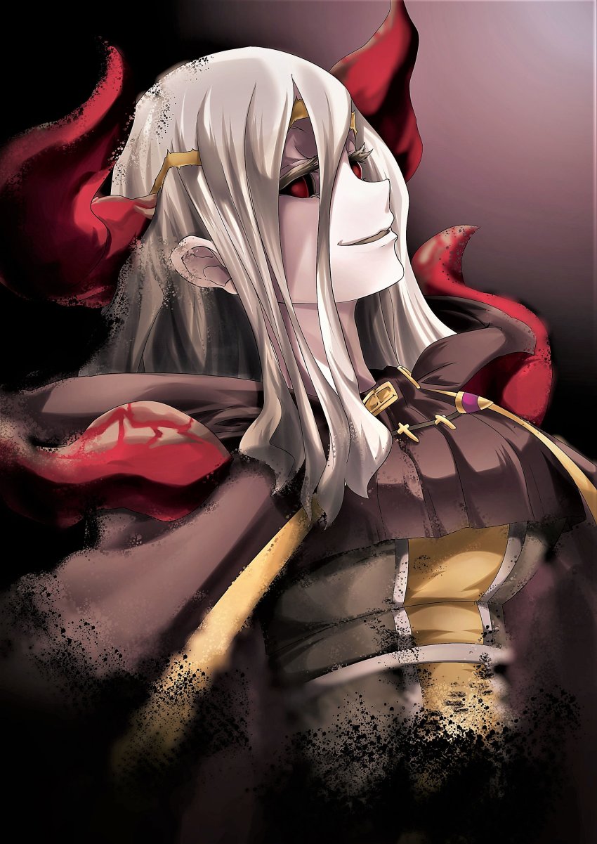 1girl, absurdres, armor, black_sclera, colored_sclera, colored_skin, comic_hand, condemned_darklord