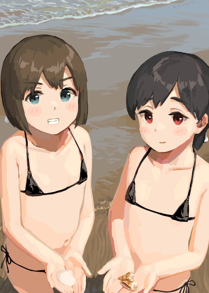 2girls, bikini, black_bikini, black_hair, blue_eyes, blush, brown_hair, daitou_(kancolle), day, grin, hiburi_(kancolle), highres, holding, kantai_collection, micro_bikini, multiple_girls, missing_headwear, ocean, outdoors, ponytail, red_eyes, sand, seashell, shell, short_hair, short_ponytail, side-tie_bikini_bottom, smile, swimsuit, titanium_hrk