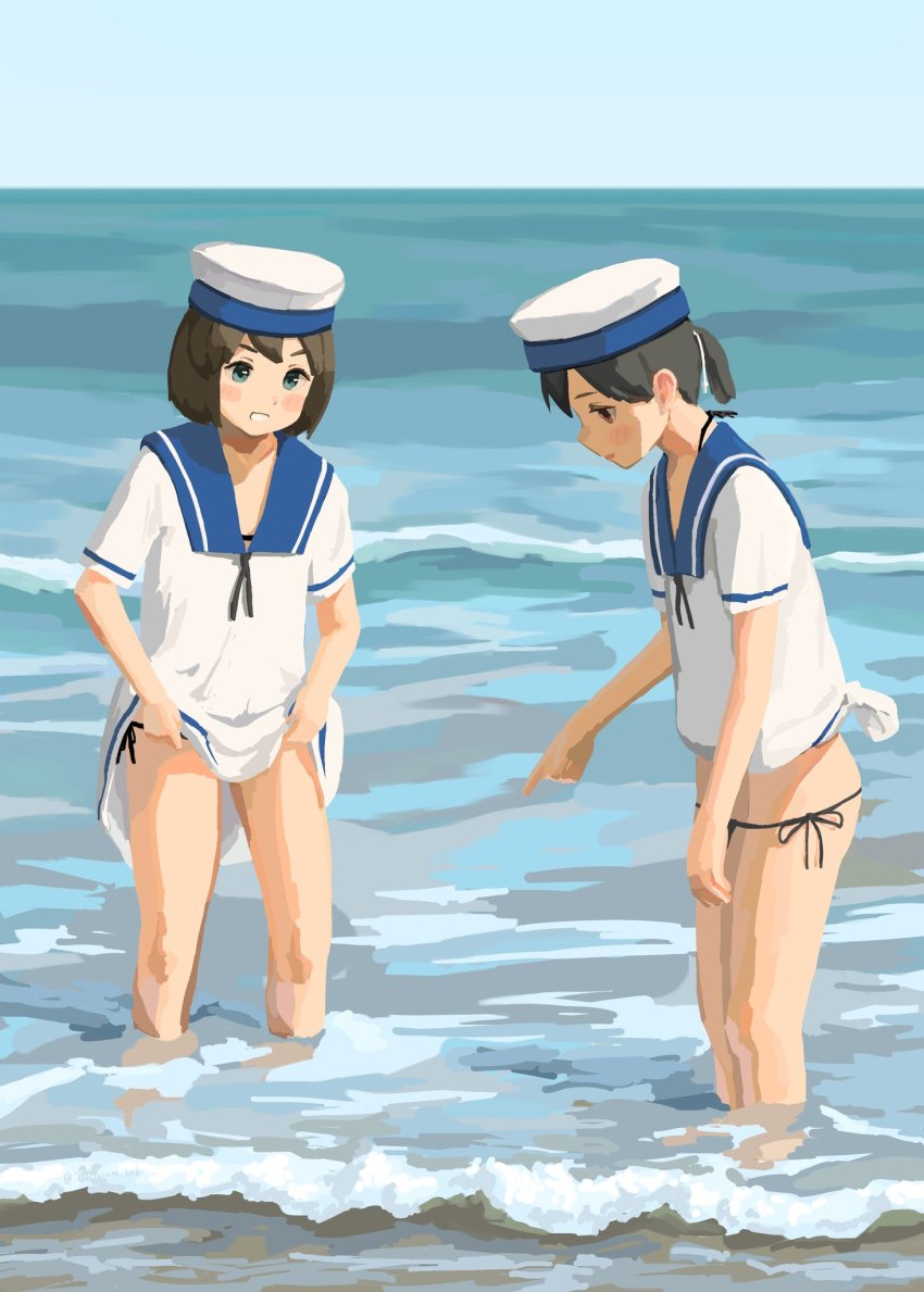 2girls, black_hair, black_panties, blush, brown_hair, daitou_(kancolle), day, dress, hat, hiburi_(kancolle), highres, kantai_collection, multiple_girls, ocean, outdoors, panties, partially_submerged, ponytail, sailor_collar, sailor_dress, sailor_hat, short_hair, short_ponytail, short_sleeves, side-tie_panties, sky, tied_dress, titanium_hrk, underwear, wading, water, white_dress, white_headwear