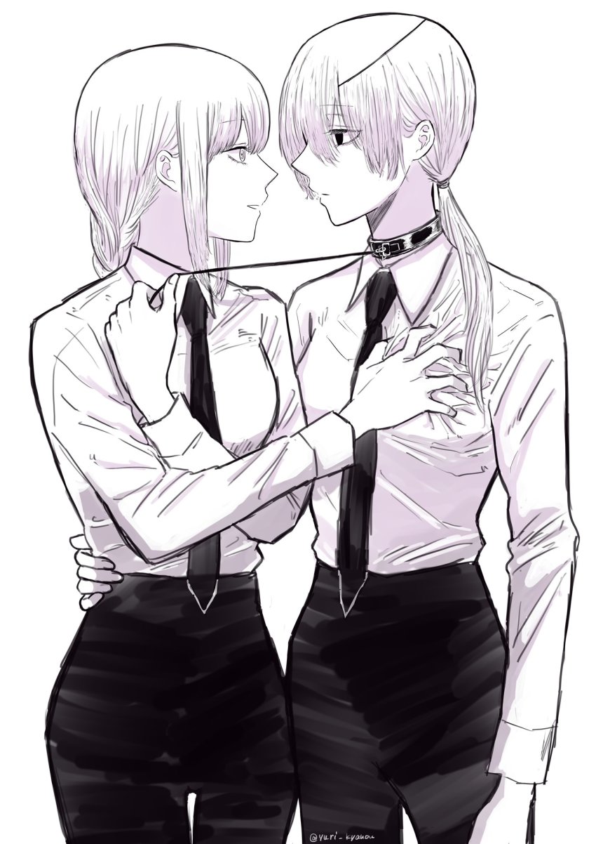 2girls, animal_collar, black_eyes, black_necktie, black_pants, braid, braided_ponytail, breasts