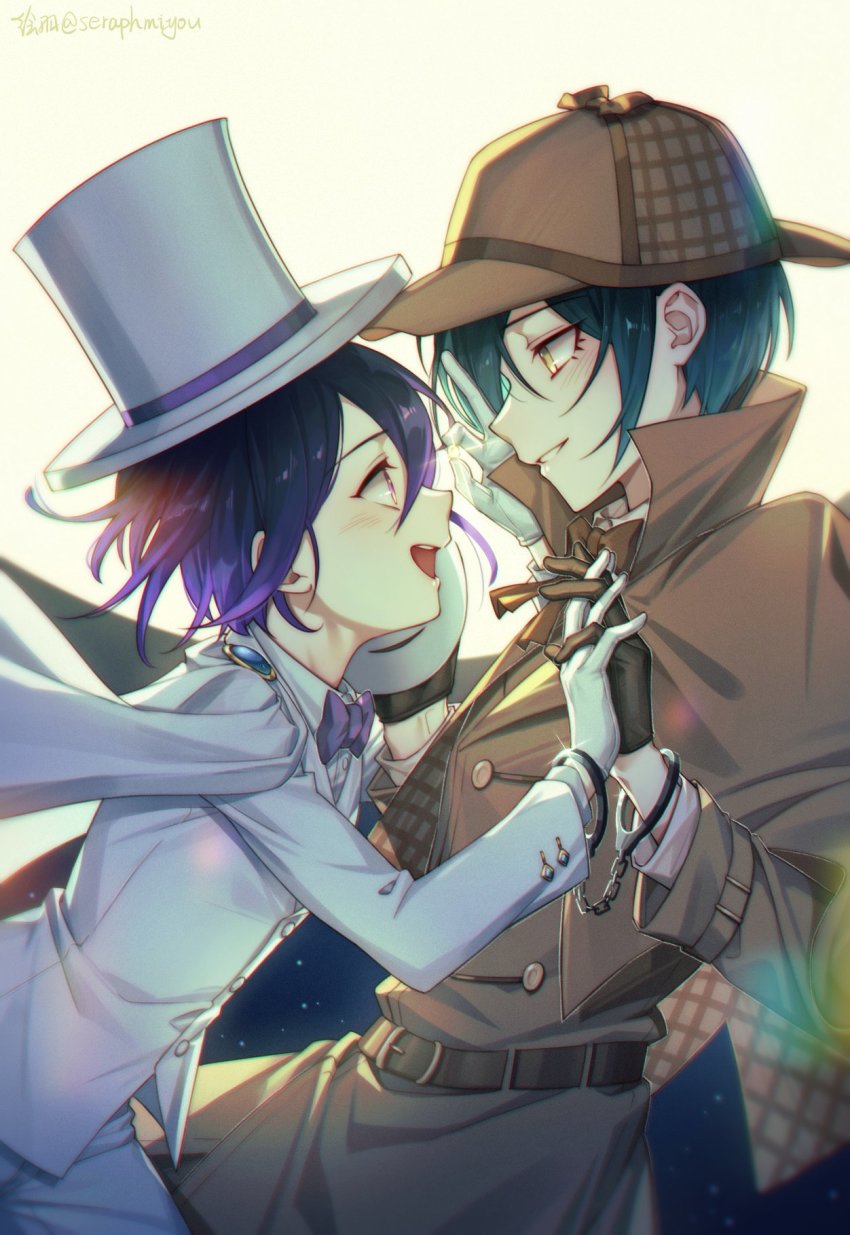 2boys, alternate_costume, artist_name, belt, black_hair, blush, bow, bowtie