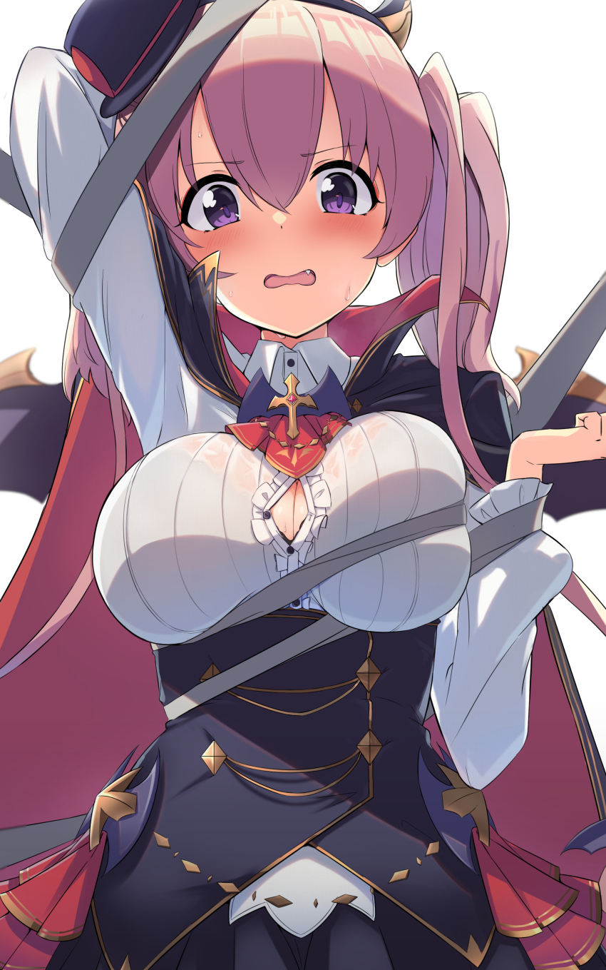 1girl, absurdres, arm_up, black_hat, blush, bound, breasts, cape, collared_shirt, corset, fang, hair_between_eyes, hand_up, hat, high_collar, highres, large_breasts, long_hair, looking_at_viewer, maza_kisuke, mini_hat, open_mouth, pink_hair, princess_connect!, purple_eyes, shirt, skindentation, solo, tilted_headwear, tsumugi_(halloween)_(princess_connect!), tsumugi_(princess_connect!), twintails, vampire_costume, wings