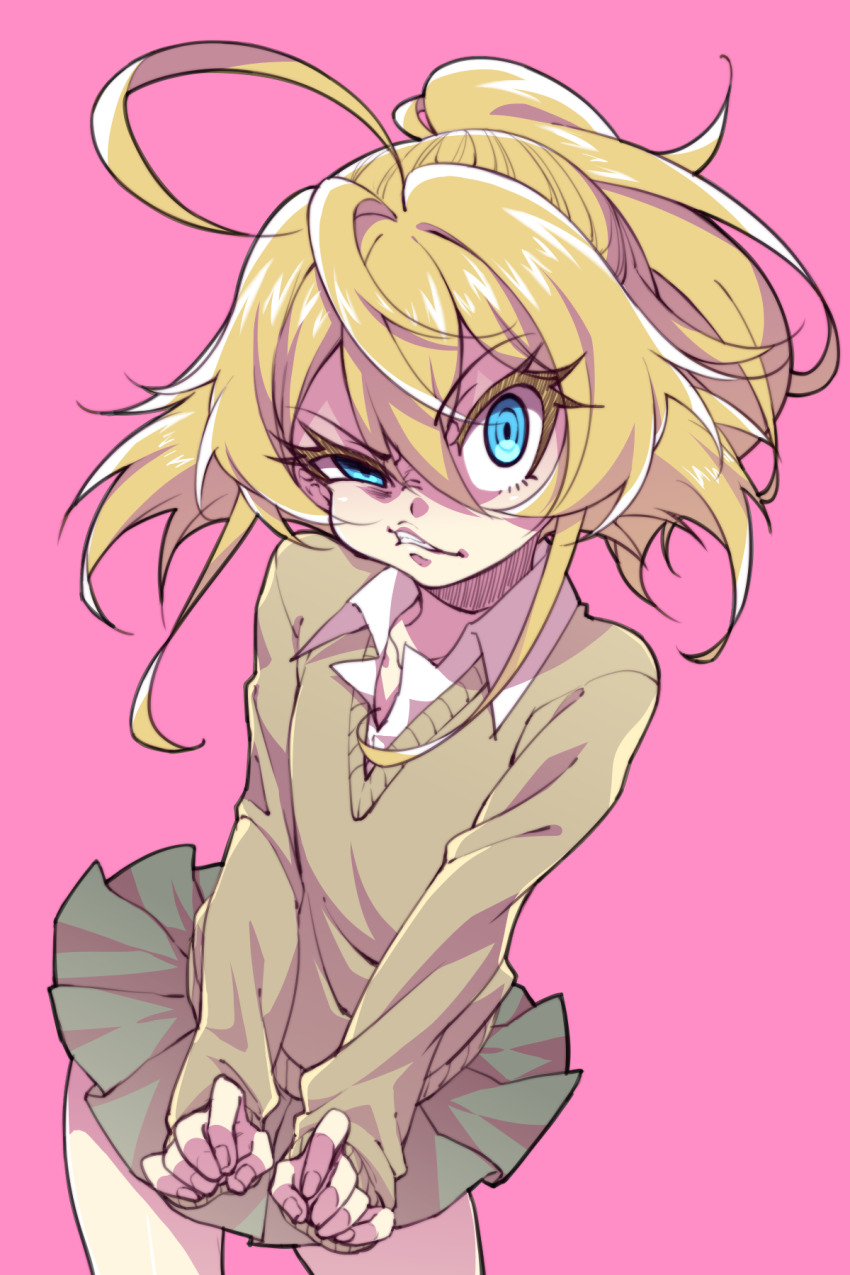 1girl, ahoge, blonde_hair, blue_eyes, collared_shirt, flat_chest, green_skirt, hair_between_eyes, highres, medium_hair, pink_background, pleated_skirt, raised_eyebrow, shirt, simple_background, skirt, solo, sweater, tanya_degurechaff, wan_nian_da_zha_de_r, white_shirt, youjo_senki
