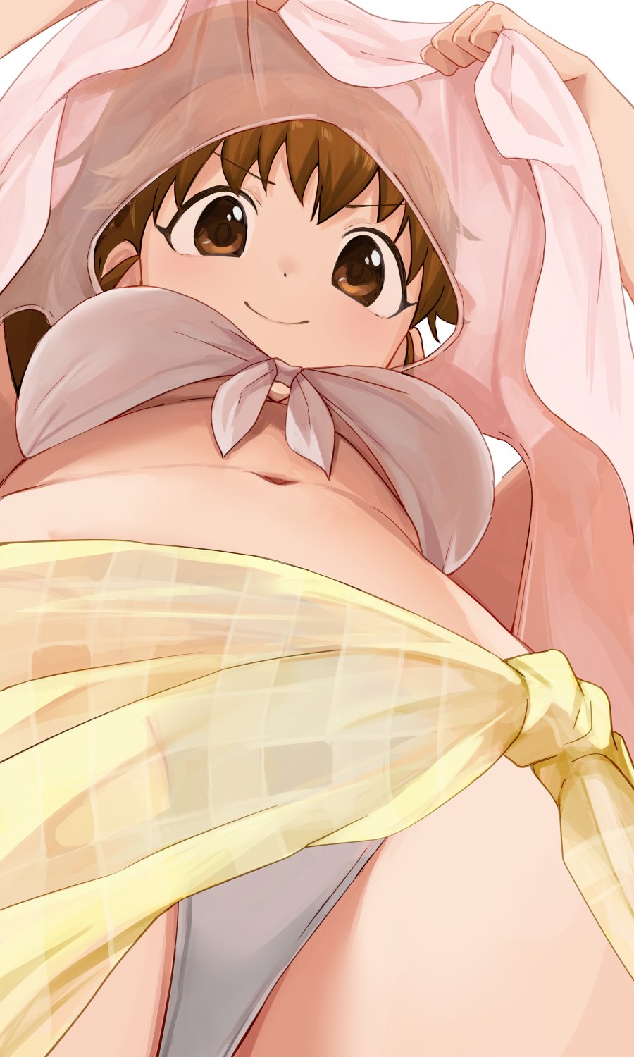 1girl, bad_id, bad_twitter_id, bikini, breasts, brown_eyes, brown_hair, commentary_request