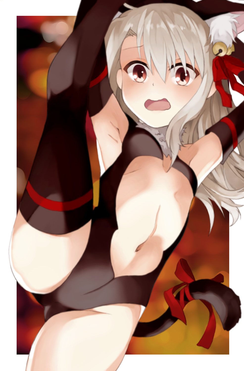 1girl, animal_ear_fluff, animal_ears, armpits, arms_behind_head, arms_up, bell, black_gloves