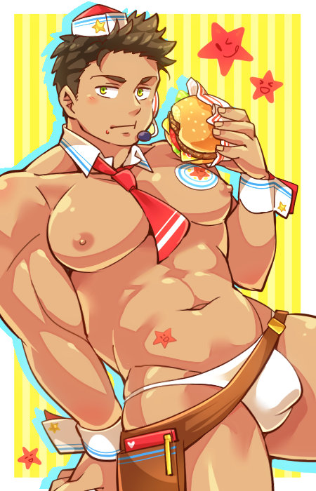 1boy, abs, aopanda, bara, bare_pectorals, between_pectorals, blush, briefs