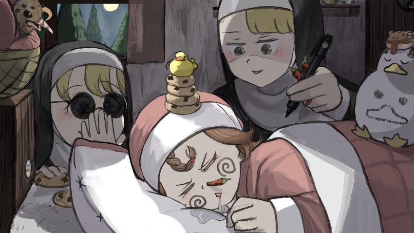 >_<, 3girls, animal, animal_on_back, animal_on_head, baby_animal, ball, basket